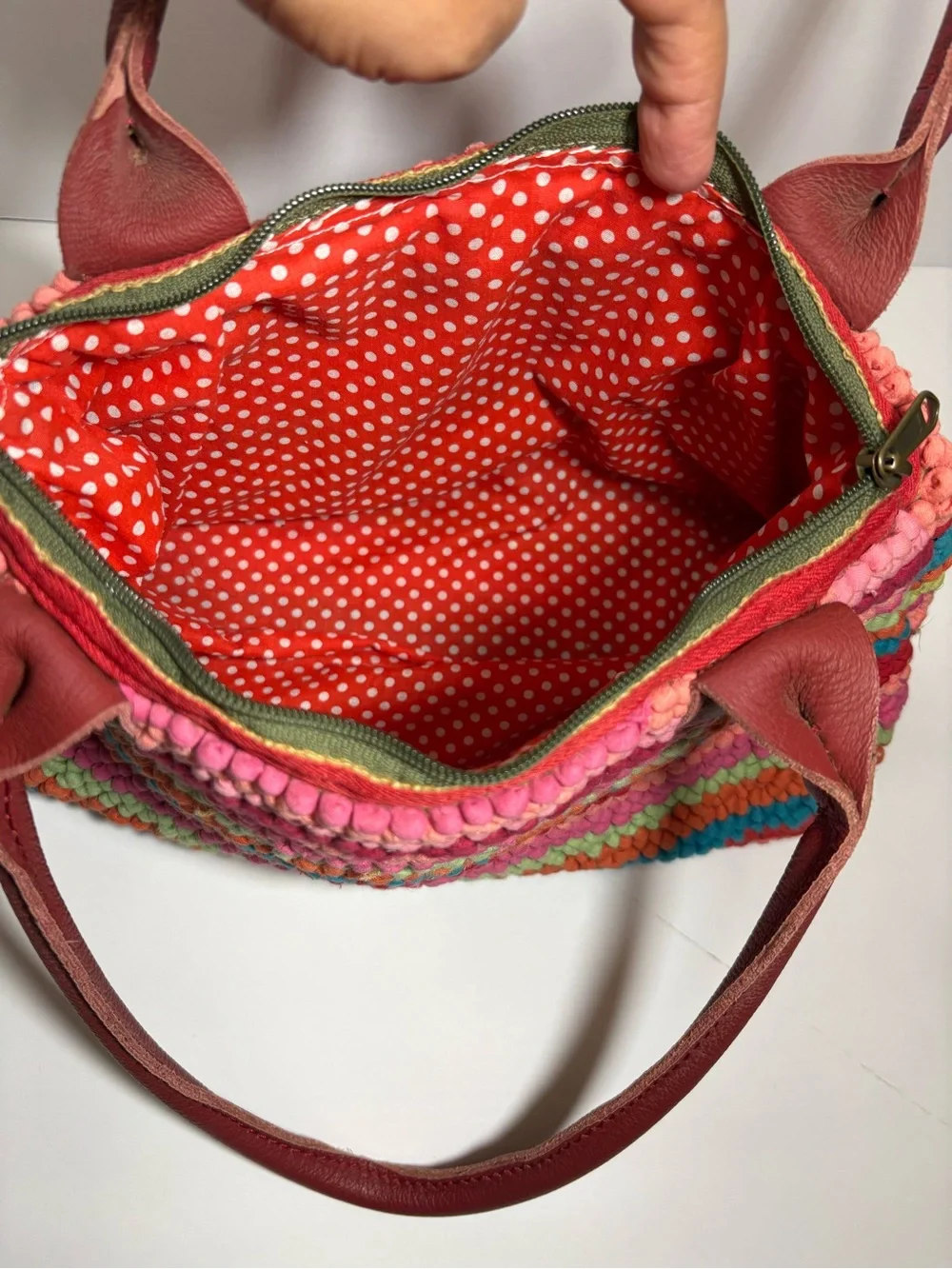 Mielie South Africa Hand Hooked Woven Knit Striped Shoulder Bag Red Pink Green
